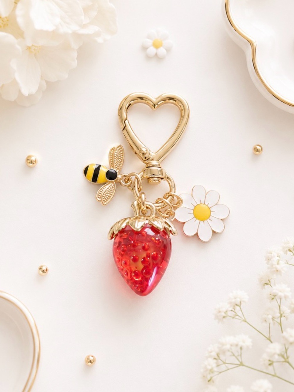 Bag Charm/Keyring-Strawberry with bee and Flower Charms-Gold Hardware